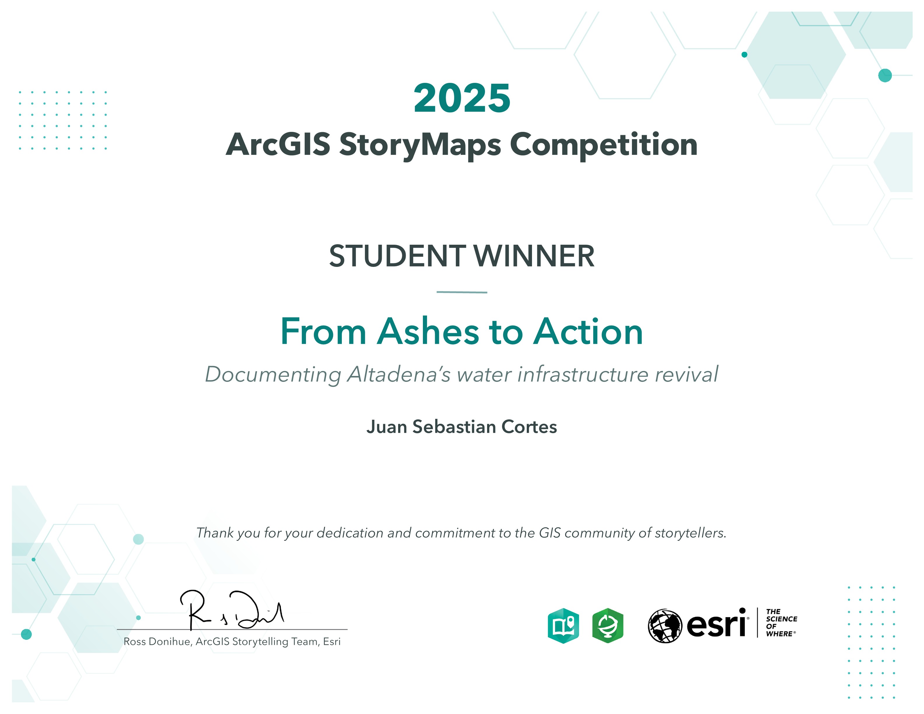 2025 ArcGIS StoryMaps Competition Student Winner certificate